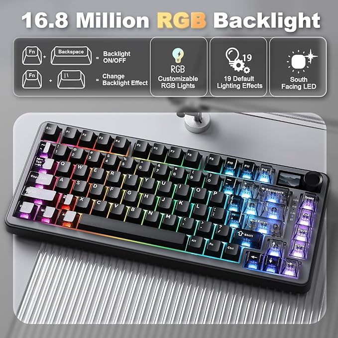 YUNZII B75 PRO MAX QMK/VIA Wireless Mechanical Keyboard,75% Layout with Screen and Knob,Custom Hot Swap Gasket, Creamy Pre-lubed Switches,Bluetooth/Type-C/2.4G for Win/Mac (Black,Candy Switch)