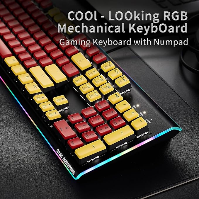 Hexgears GK735 Wired Mechanical Gaming Keyboard, Hot-Swappable Full-Size Keyboard with White Backlit + Surround Side Light Strip, Aluminum Finish, Kailh Clicky Switches (Red-Yellow)