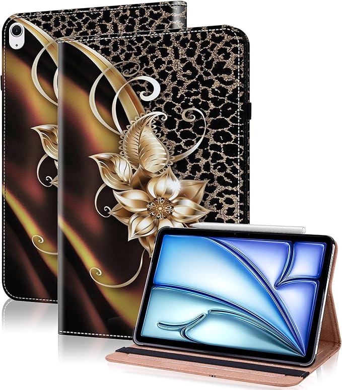 Case for iPad Air 13 inch M4 2026/M3 2025/M2 2024 with Pencil Holder & Card Slots & Auto Sleep, Embossed PU Leather Stand Magnetic Shockproof Cover Case for iPad Air 13 - Metallic Flower