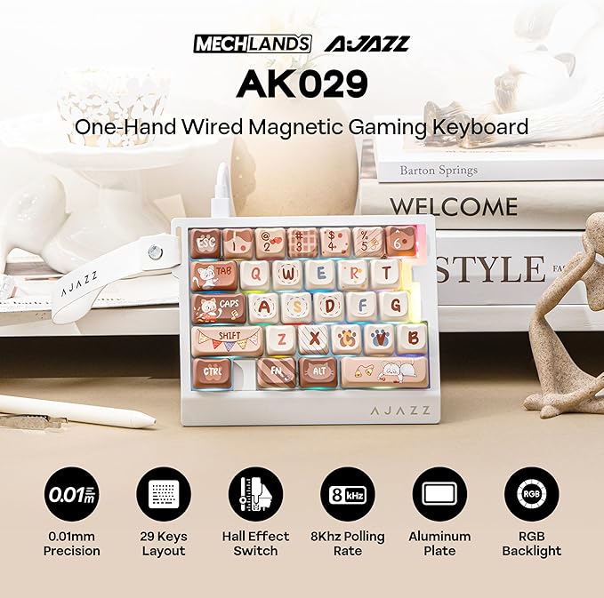 MechLands AJAZZ AK029 One Handed Gaming Keyboard, 8Khz Polling, 29 Keys Rapid Fast Wired Keyboard, SOCD & DKS, Magnetic Switch, Adjustable Actuation, RGB Backlits, Aluminum Plate (White Brown)