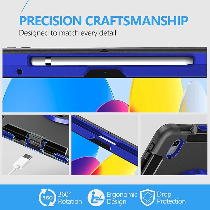 Case for iPad (A16) 11th/10th Generation Case: Protective Cover for iPad 11th Gen 11 Inch 2025 &10th Gen 10.9" 2022 with Screen Protector- Stand- Shoulder Strap- Handle- Pencil Holder-Blue+Black