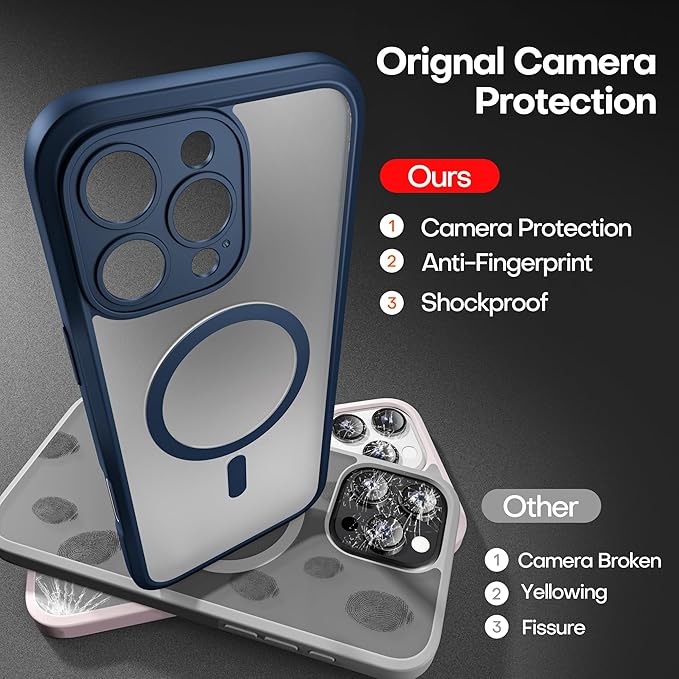 ImpactStrong Magnetic Guard for iPhone 16 Pro Case [Camera Protection] [Military Grade Drop Tested] [Compatible with MagSafe] Slim Translucent Matte Phone Case (6.3") - Navy Blue
