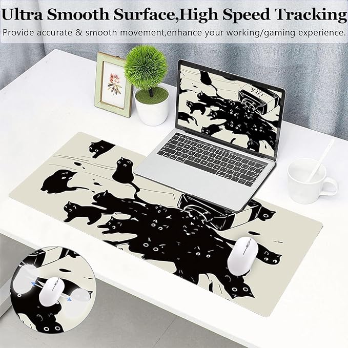 Gaming Mouse Pad XL Extended Anime Mouse Pad 31.5x11.8 inch, Large Cute Kawaii Big Computer Mouse Mat Desk Pad with Non-Slip Rubber Base and Stitched Edge for Home Office-Black Ink Cat