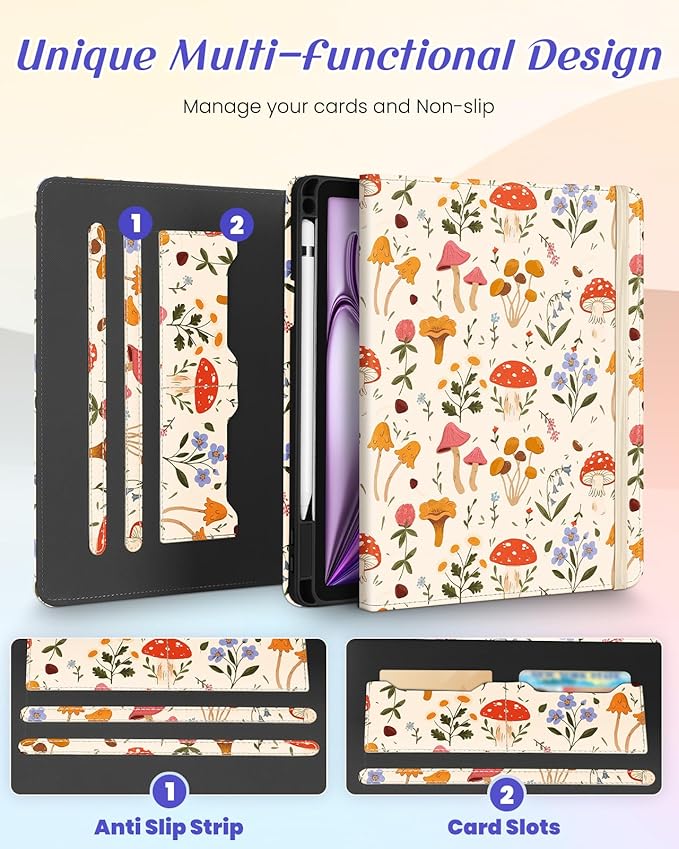 Kidcube for iPad Air 13 Inch Case (M3/M2)/for iPad Pro 12.9 Cases 6th/5th (2022/2021) - Women Girls Cute Rotating Stand Folio Cover with Pencil Holder & Card Slot Design Girly Mushroom Flowers Cover