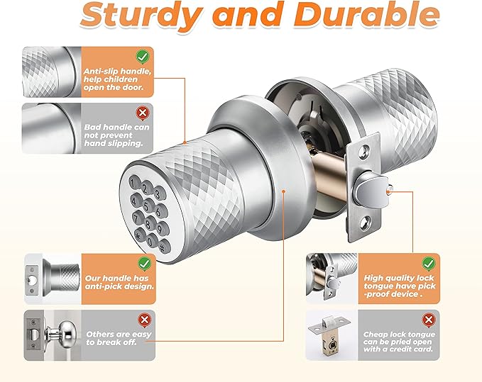 Buoan Electronic Keypad Door Knob, Smart Keyless Entry Door Knobs, Code, Anti-Slip Handle, 2.5s Auto Lock, Waterproof Door Lock, Easy to Install for Home, Office, Apartments and Garage Silver