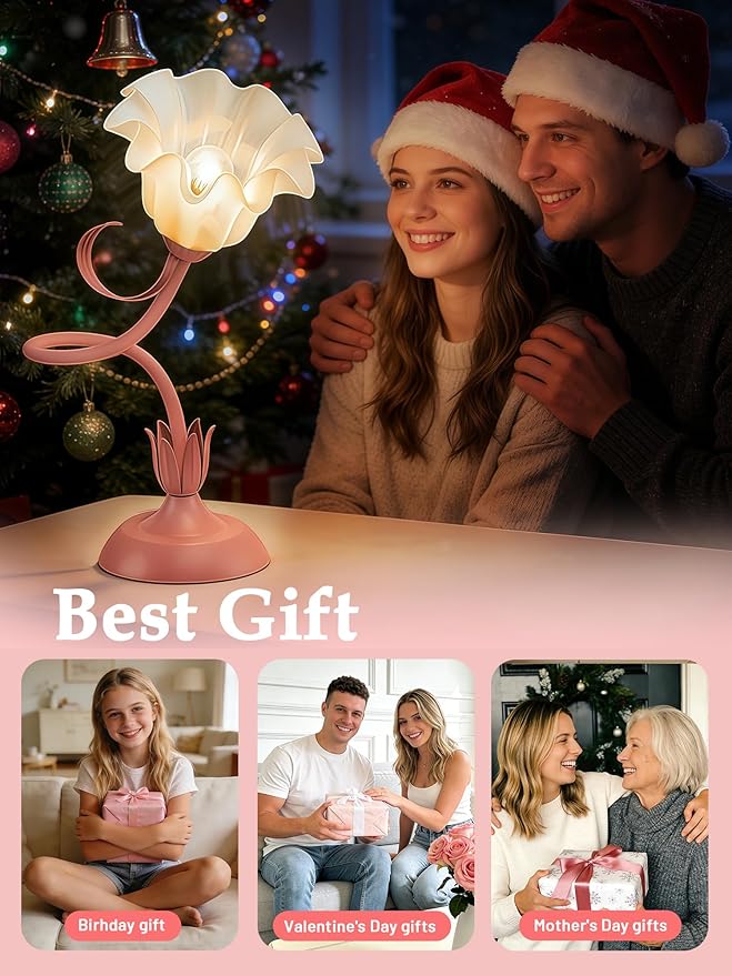 Mothers Day Gifts, Flower Table Lamp, LED Reading Light Vintage Bedside Lamps, 3 Color Modes Kawaii Nightstand Lamp, Flower Table Lamps for Bedroom Living Room Home Decoration(Pink lamp)