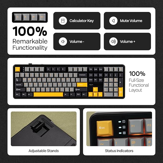 MechLands Aula F108 100% Wireless Gaming Keyboard, Full Size Custom Gasket Mechanical Keyboard, 4000mAh Battery, Programmable 108 Keys, Hot-Swappable, for Win/Mac (Grey&Yellow)