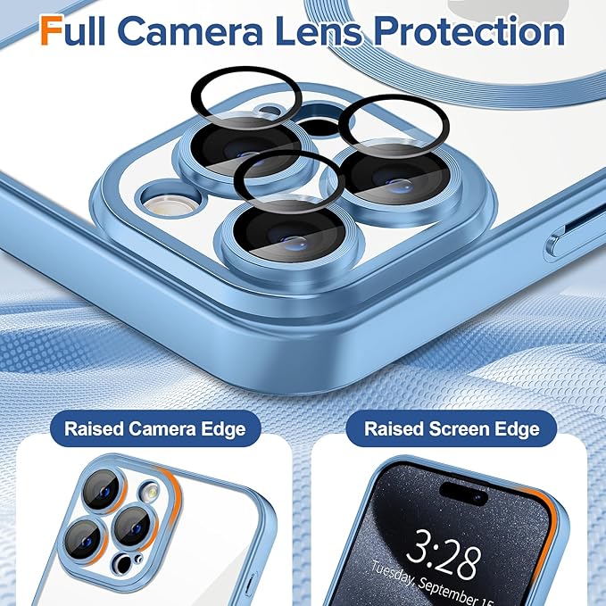 Hython Magnetic Clear for iPhone 15 Pro Case with Camera Lens Protector [Compatible with MagSafe] Luxury Plating Edge Slim Soft TPU Cover Protective Phone Case for iPhone 15 Pro, Matte Light Blue