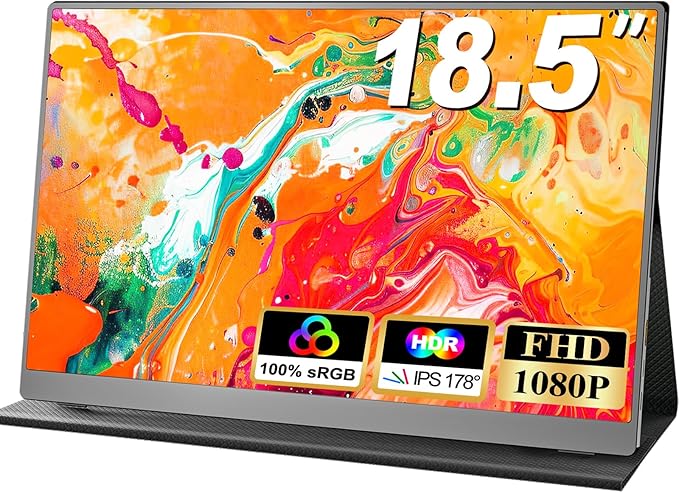 18.5 Inch Portable Monitor, FHD 120Hz IPS HDR 125% sRGB USB-C HDMI External Travel Monitor with Built-in Speakers, VESA Compatible for Laptop MacBook PC Surface PS5 Xbox