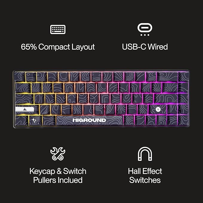 Higround Basecamp 65HE BLACKICE Keyboard, 65% Mechanical USB Wired PC Gaming Keyboard with Gateron KS-37 Magnetic Switches, Programable RGB, Hot-Swappable, Deep Thock Creamy Sounding, Pre-lubed