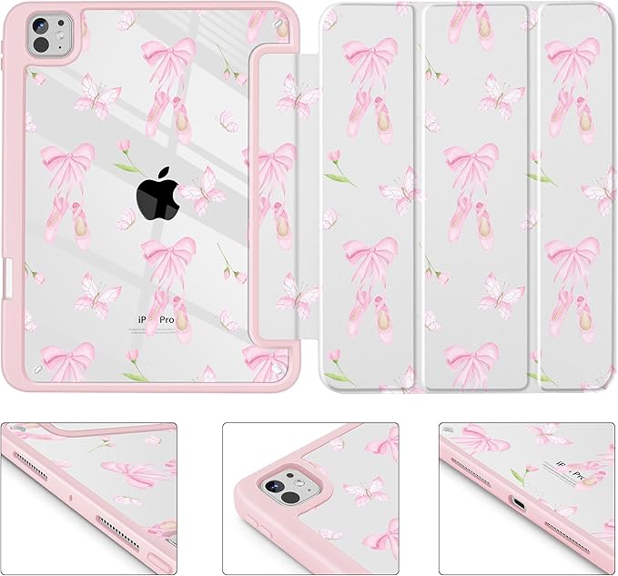 May Chen Case for iPad Pro 11-Inch M5/M4 2025/2024 (6th/5th Generation), [Penceil Holder] Trifold Stand Auto Wake/Sleep Clear TPU Protection Back Cover, Ballet Shoes