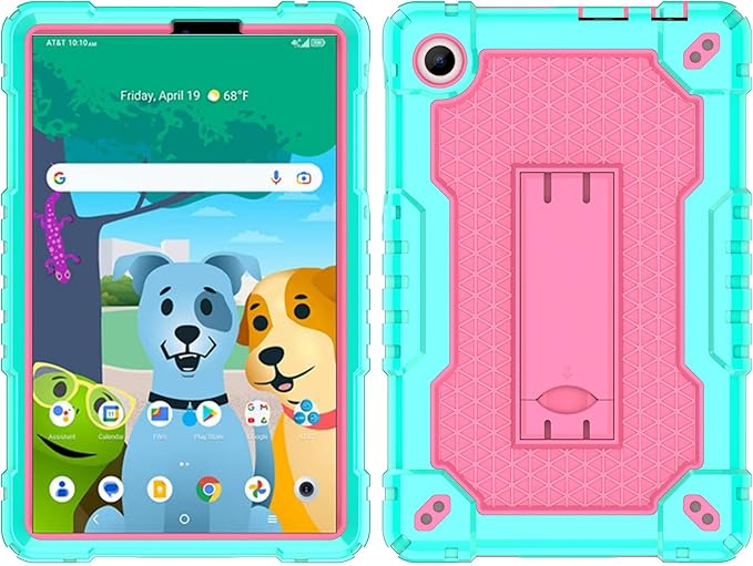 Case for for AT&T Amigo Jr. Tab 8 inch Tablet 9136K - [Built-in Kickstand] Anti Slip Kids Friendly Shockproof Silicone Protective Cover (Green/Pink)