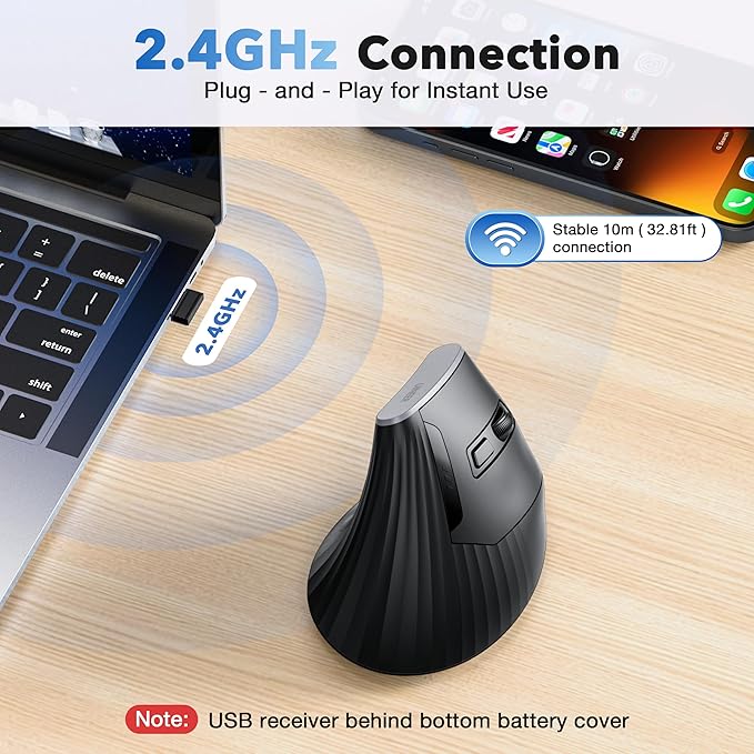 Uineer Vertical Mouse, 2.4GHz Ergonomic Wireless Mouse, Adjustable DPI (800-2400), 6 Buttons, Battery Powered,Comfortable Grip for Laptop/PC/Mac, Wrist Pain Relief, Black