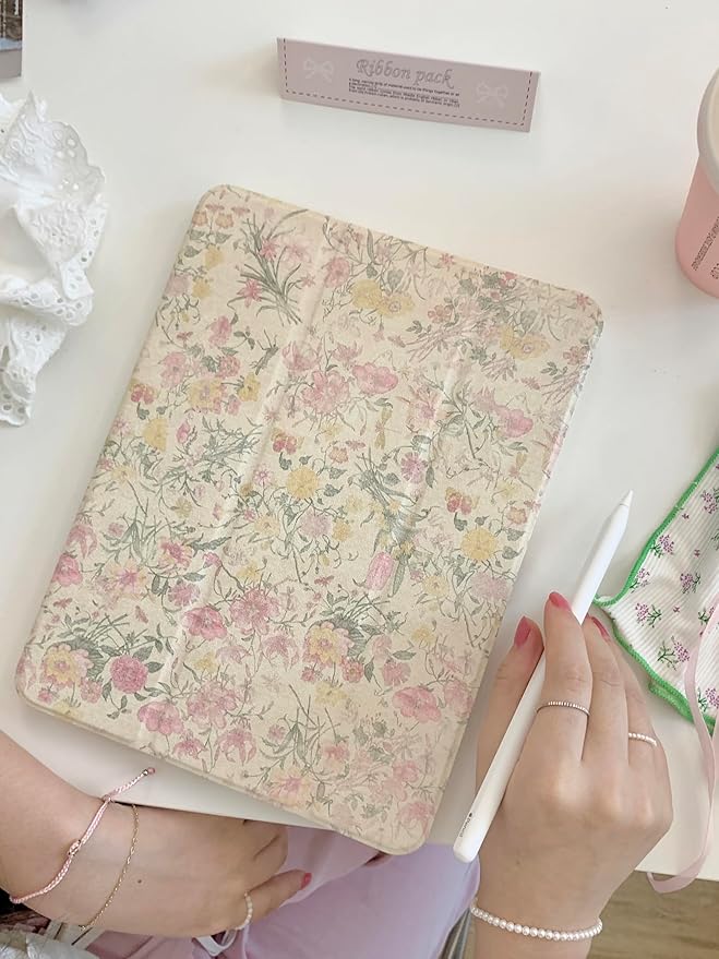 Folio Case with Kickstand Stylus Holder for Apple iPad 10th Generation 2022 10.9 Inch A2696 A2757 A2777 A3162 Pink Yellow Flowers Floral Classic Vintage Retro Pretty Chic Cute Lovely Girls Women