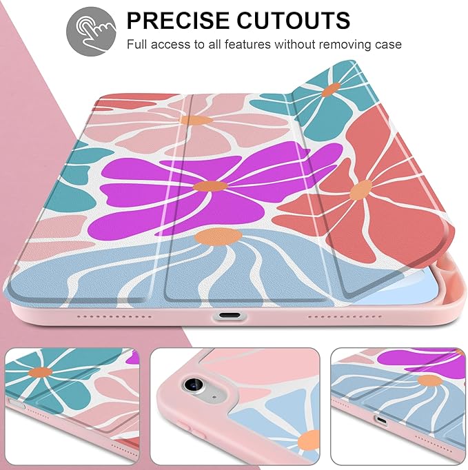 Case for iPad Air 11 inch M4 2026 M3 2025 M2 2024,iPad Air 5th (2022) / 4th (2020) 10.9 Inch Clear Back Shell Lightweight TPU Edge Trifold Stand Auto Wake Sleep Cute Cover, Stylized Flowers