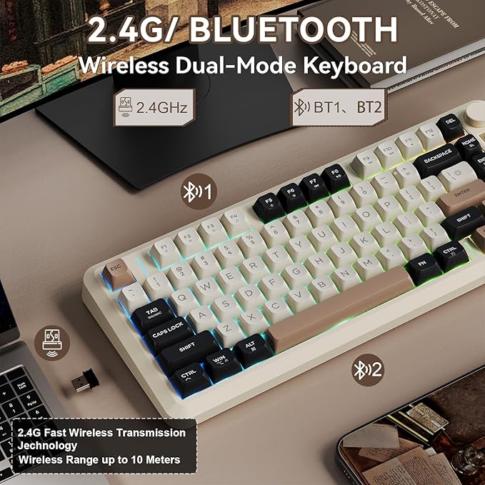 ZIYOU LANG M75 Wireless Gaming Keyboard, RGB Backlit Rechargeable 2000mAh Battery, Small Membrane But Mechanical Feel Keyboard with Smart Display & Knob, PBT Gradient keycaps for PC, MAC - Cheese