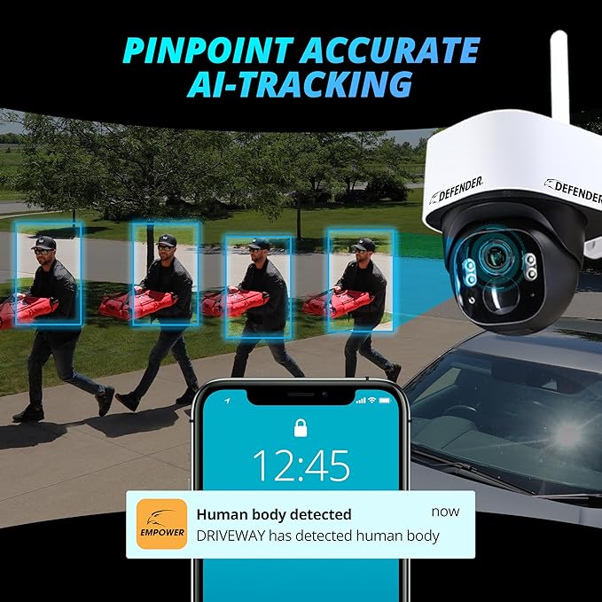 Defender 4G LTE 2K+ AI Frontier PTZ Wireless Outdoor Security Camera, 5W Solar Panel, 360° AI Tracking, Deterrence, 2 Way Talk, 9400maH Battery, Works with Empower App, eSIM Included