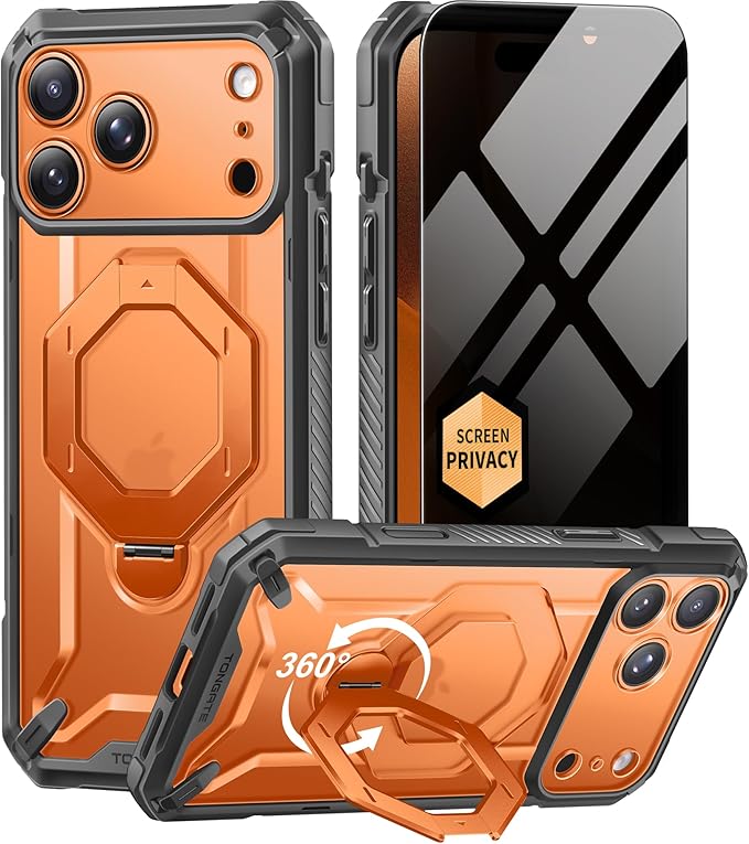 TONGATE for iPhone 17 Pro Case with 360° Spin Magnetic Stand, [Compatible with MagSafe][Military-Grade Protection] with Privacy Screen Protector & Camera Control Cover for 17 Pro, Clear Orange