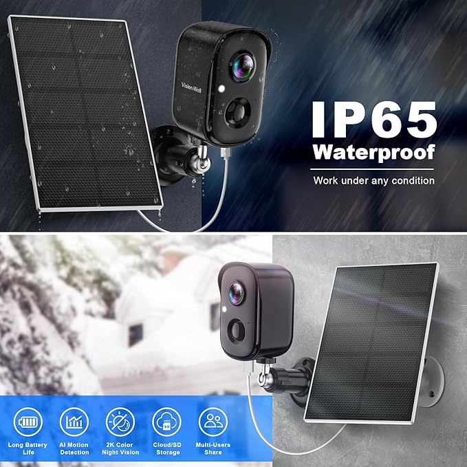 Security Cameras Wireless Outdoor, 2K Solar Cameras for Home Security, WiFi Cameras Battery Powered, AI Motion Detection, Color Night Vision, 2-Way Talk, Spotlight Siren Alarm-Black Grey Solar Camera