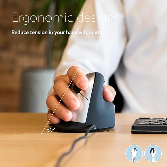 R-Go HE Ergonomic Mouse for big hand, With Break Software, USB-C Wired (with USB A Converter), Vertical design, Anti carpal tunnel, Silent Click, Customisable buttons, For Windows/MacOS, Black/Silver
