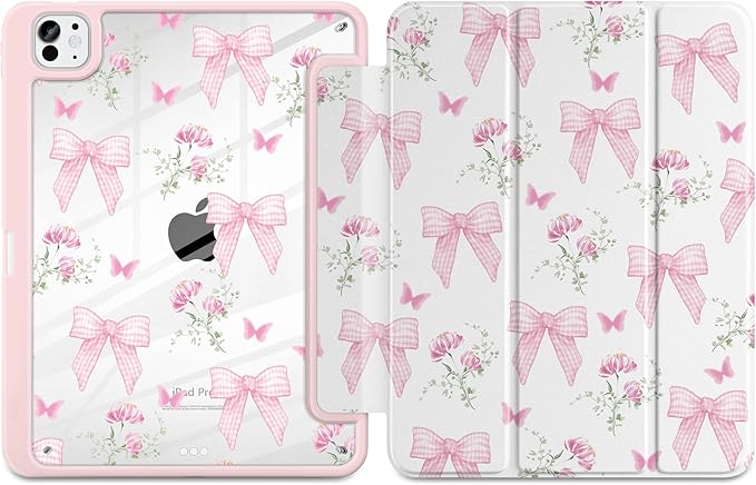 TWOLSKOO Case for iPad Pro 11-inch (M5 2025 / M4 2024), Clear Acrylic Back with TPU Bumper, Pencil Holder, Trifold Stand, Auto Sleep/Wake, Pink Gingham Bows