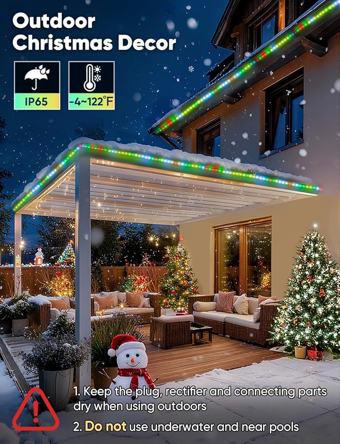 98FT Outdoor LED Strip Lights RGB+IC with Warm&Cool White, ETL Listed Music Sync Light Strip AC 120V, IP65 Waterproof and Connectable, for Party Festival Eave Porch Patio Every Day Decor