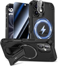 Goton for iPhone 16 Case with Privacy Tempered Glass Screen Protector & Camera Lens Protector, Compatible with MagSafe, Invisible Kickstand, Shockproof Phone Cover for iPhone16, Black