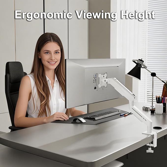 THEARK Single Monitor Desk Mount 17"-32" Screens - Adjustable Gas Spring Monitor Arm Computer Monitor Stand up to 19.8 lbs,VESA Arm Desk Mount with C-Clamp and Grommet Base,VESA 75x75/100x100mm,White