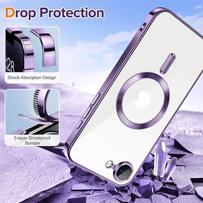 Hython Magnetic Clear for iPhone 17e Case with Camera Lens Protector [Compatible with MagSafe] Luxury Plating Edge Slim Soft TPU Cover Protective Phone Case for iPhone 17e 6.1", Deep Purple