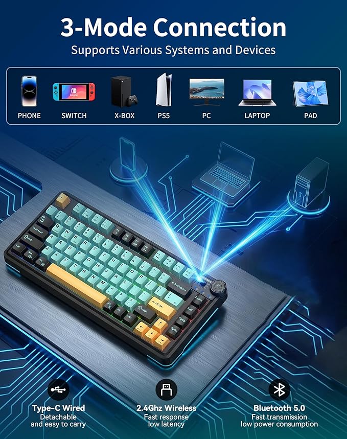 Aula AU75 Wireless Mechanical Keyboard, Hot Swap Gasket Gaming Keyboard with Knob, BT/2.4G/Wired Custom Keyboard, 4000mAh Battery, 75% Five-Layer Padding PBT Keycaps, RGB Side-Strip for Win/Mac/PC