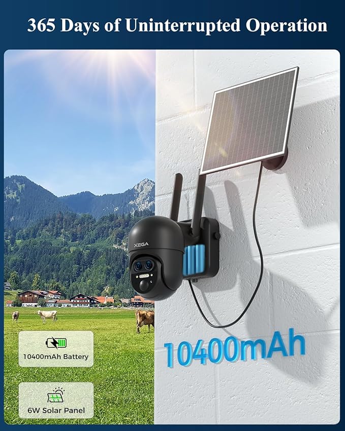 Xega 4G 【12X Hybrid Zoom】 Cellular Security Camera Outdoor with 【Dual Lens】, 2K Solar Wireless PTZ Outdoor Surveillance Camera,Smart PIR Human/Motion Detection, Two Way Talk, Built-in SIM Card, IP66