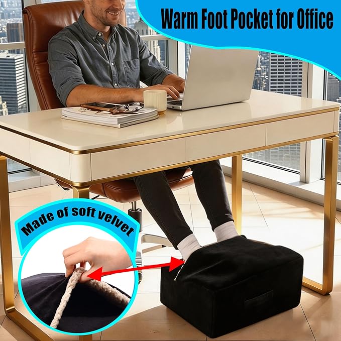 Foot Rest for Under Desk at Work, Office Footrest with Warm Feet Pocket,Ergonomic Under Desk Footrest with Washable Cover, Stool for Office Chair & Back &Pain Relief (Black+)