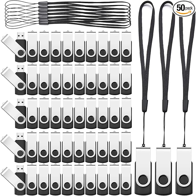 Aoriher 50 Pack USB 2.0 Flash Drives Bulk, Portable USB Thumb Drives with Lanyards, Swivel Flash Drives Thumb Drives for Office School Data Storage (512MB)