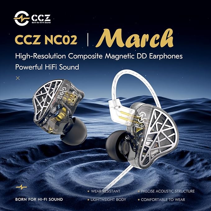 CCZ NC02 in Ear Monitor Headphones, IEMs for Gaming, Deep Bass Wired Earbuds, 1DD 10mm Dynamic Driver in Ear Headphones, in Ears for Singers Musicians Drummer, Tangle-Free Cable (Clear, Without Mic)