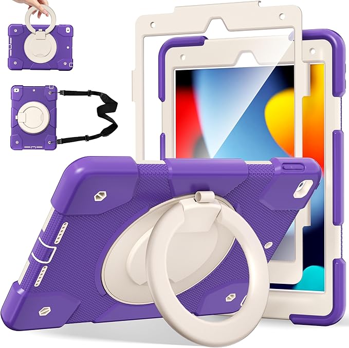 Andnary Case for iPad 9th/8th/7th Generation 10.2 inch, Shockproof Cover with Screen Protector/360° Rotate Stand/Pencil Holder/Shoulder Strap, Kids Case for iPad 2021/2020/2019 (Deep Purple+White)