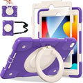 Andnary Case for iPad 9th/8th/7th Generation 10.2 inch, Shockproof Cover with Screen Protector/360° Rotate Stand/Pencil Holder/Shoulder Strap, Kids Case for iPad 2021/2020/2019 (Deep Purple+White)