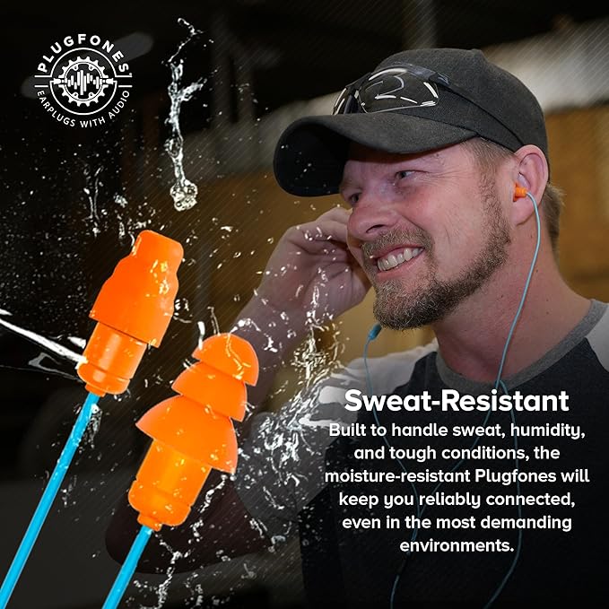 Plugfones Guardian Earplug Headphones - OSHA Approved Noise Isolating in-Ear Earbuds with Hearing Protection - Wired Hybrid for Work and Travel - Includes Silicone and Foam Ear Plugs - Blue & Orange