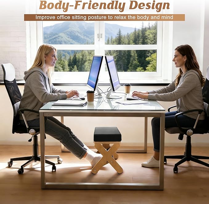 Wood X-Legs Foot Stool Ottoman, Multi-Purpose Small Ottoman with Pebble Massage Surface and Non-Slip Foot Pads，Sturdy Solid Wood Frame Padded Seat Footrest for Office，Living Room & Bedroom