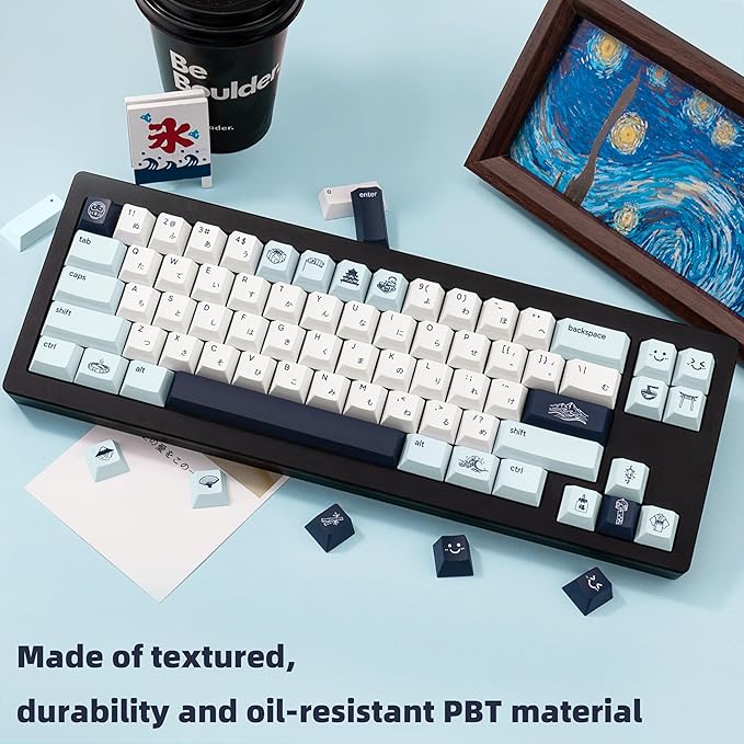 134 Keys PBT Keycaps - Dye-Sublimation Japanese Kanagawa Theme Keycaps, Cherry Profile Blue and White Cute Keycap Set Compatible with Cherry Gateron Mechanical Gaming Keyboards