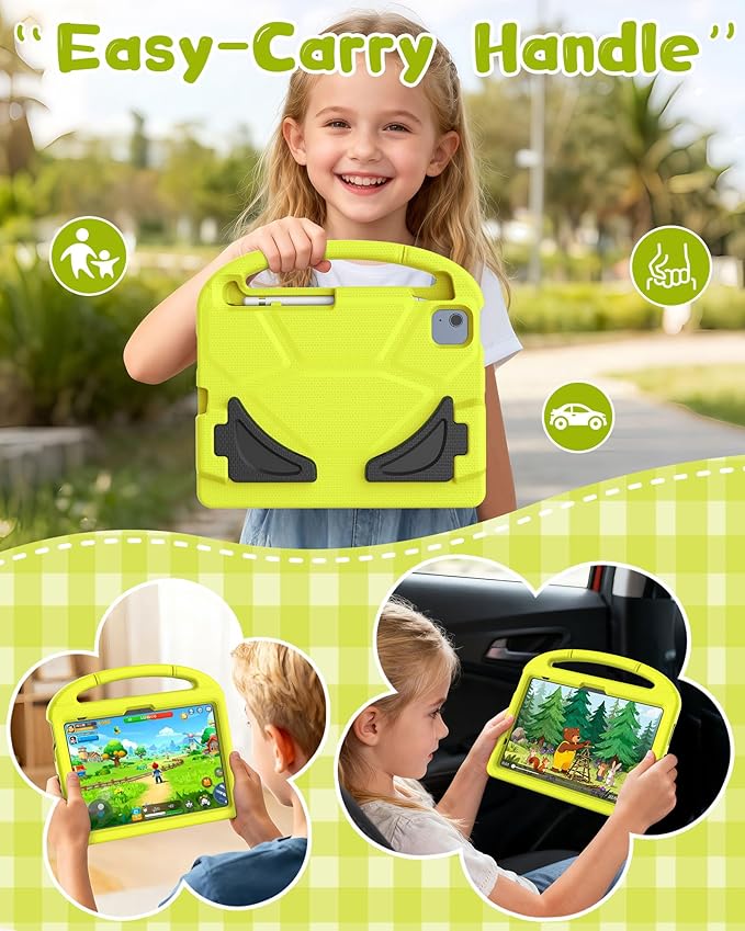 Kids Case for iPad A16 11th Gen 11-Inch 2025 & iPad 10th Generation (10.9" 2022), Durable Shockproof Fully-Body Cover with Screen Protector/Pencil Holder/Stand/Handle for Kids, Light Yellow