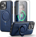 Compatible with iPhone 14 Pro Case with Stand, Compatible with MagSafe, Slim PU Leather & Durable TPU Protective Cover Drop-Proof with Tempered Glass Screen Protector 6.1", Blue