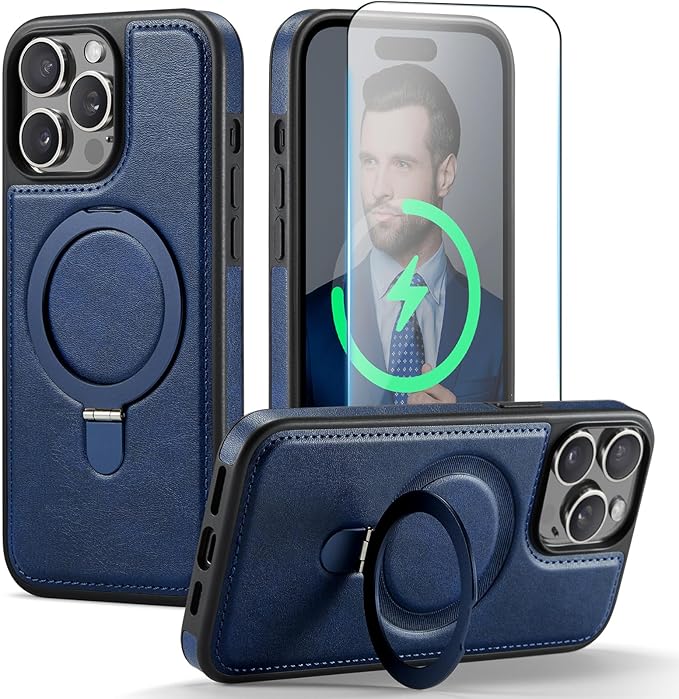 Compatible with iPhone 14 Pro Case with Stand, Compatible with MagSafe, Slim PU Leather & Durable TPU Protective Cover Drop-Proof with Tempered Glass Screen Protector 6.1", Blue
