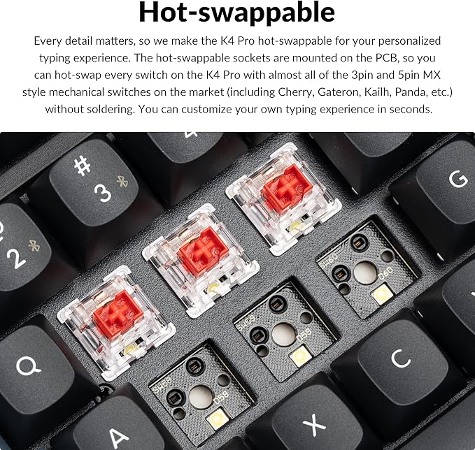Keychron K4 Pro 96% Custom Wireless Mechanical Keyboard with Hot-Swappable K Pro Red Switch, QMK/VIA Programmable Macro Bluetooth/Wired Keyboard White LED Backlit for Mac Windows Linux - Black