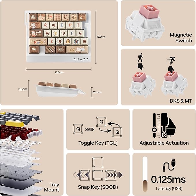 MechLands AJAZZ AK029 One Handed Gaming Keyboard, 8Khz Polling, 29 Keys Rapid Fast Wired Keyboard, SOCD & DKS, Magnetic Switch, Adjustable Actuation, RGB Backlits, Aluminum Plate (White Brown)