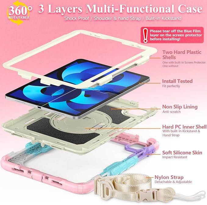 SEYMAC stock Case for iPad Air 5th/4th Generation/Pro 11 (4th/3rd/2nd) with Screen Protector Pen Holder, 360° Rotate Hand Strap/Stand Case for iPad Air 5th/4th Gen 10.9''/ Pro 11'' (Yellowish+Pink)