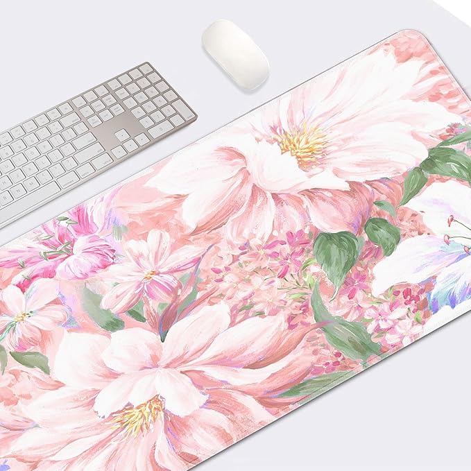 Britimes Large Gaming Mouse Pad Pink Watercolor Hand Painted Peony Flower Non-Slip Desk Pad Keyboard and Mouse Desk Mat for Gamer, Office & Home, 31.5 x 15.7 in