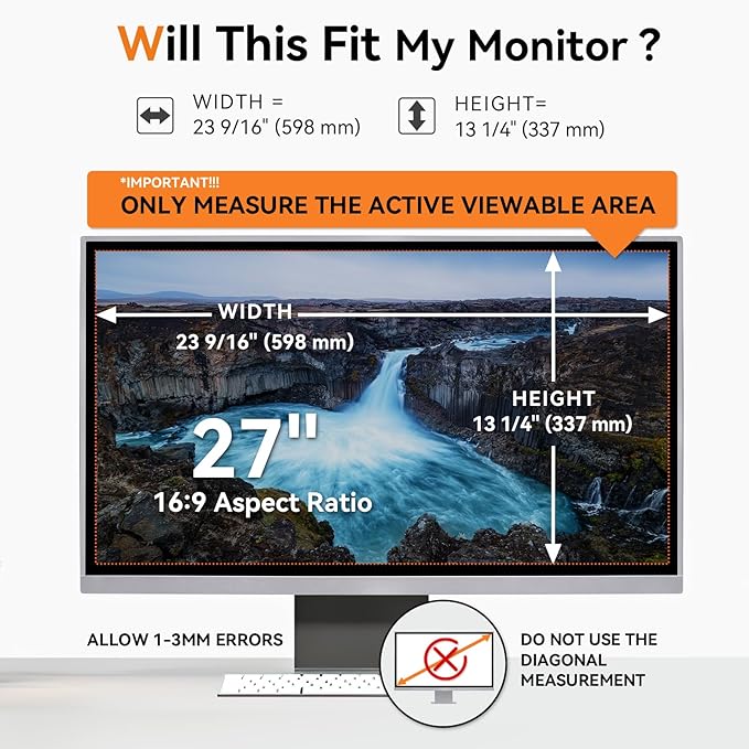 [2-Pack] 27 Inch Computer Blue Light Blocking Screen Protector for 16:9 Widescreen Monitor, Anti Glare Anti-UV Eye Protection Desktop PC LED Monitor Filter, Removable Anti-Scratch Screen Film 27in