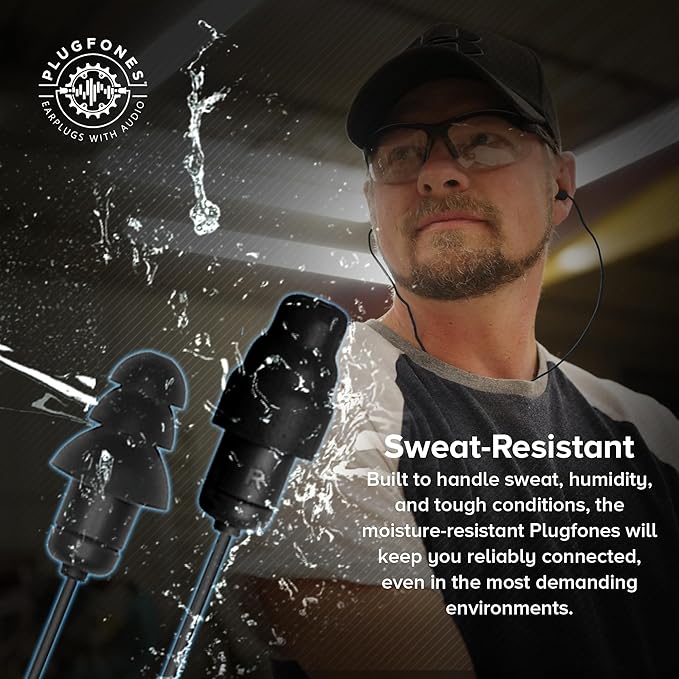 Plugfones Guardian Earplug Headphones - OSHA Compliant Noise-Reducing in-Ear Headphones with Hearing Protection - Wired Hybrid Design for Work and Travel - Includes Silicone & Foam Earplugs - Black