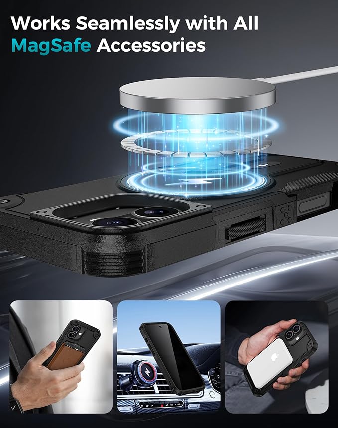 Goton for iPhone 16 Case with Privacy Tempered Glass Screen Protector & Camera Lens Protector, Compatible with MagSafe, Invisible Kickstand, Shockproof Phone Cover for iPhone16, Black