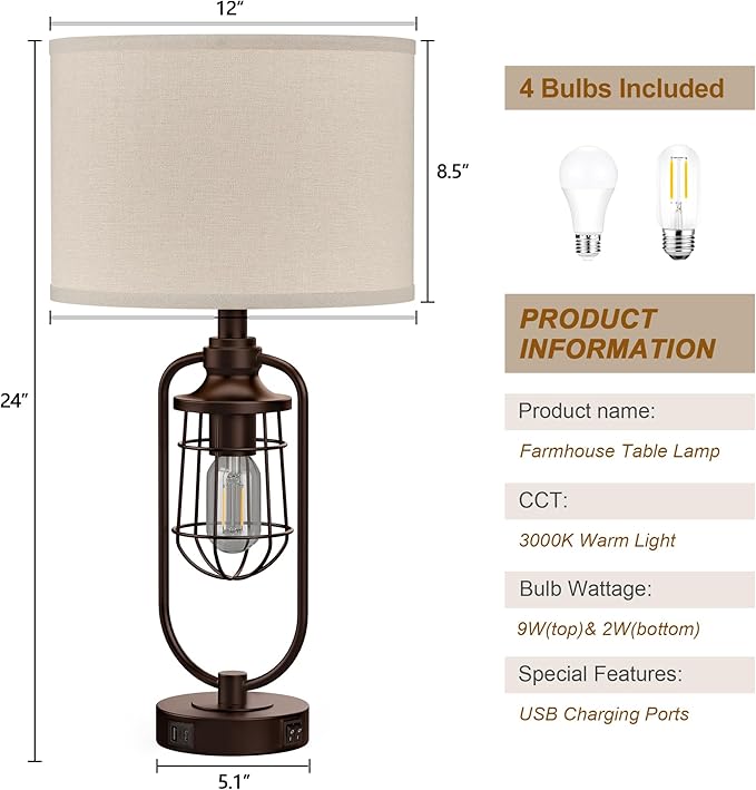 Table Lamps for Living Room Set of 2, Farmhouse Lamps for Night Stands, Industrial Bedside Lamps for Bedroom Nightstand with USB A+C, Bulbs Included